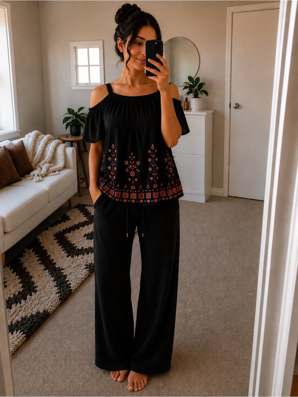 Cold-Shoulder Embroidered Wide-Leg Top - Black